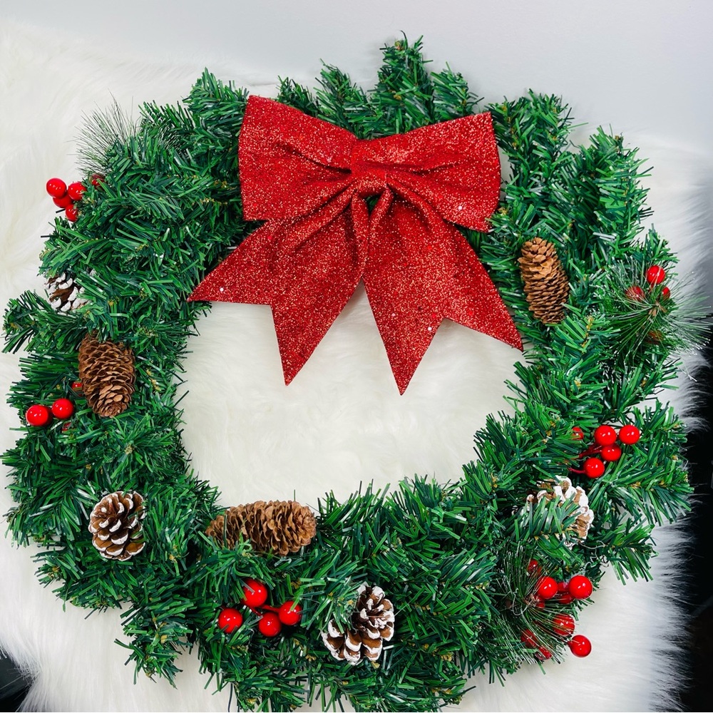 New Christmas Wreath for Door with Pine Cones Berry Spruce Red Ribbon Bow 50cm